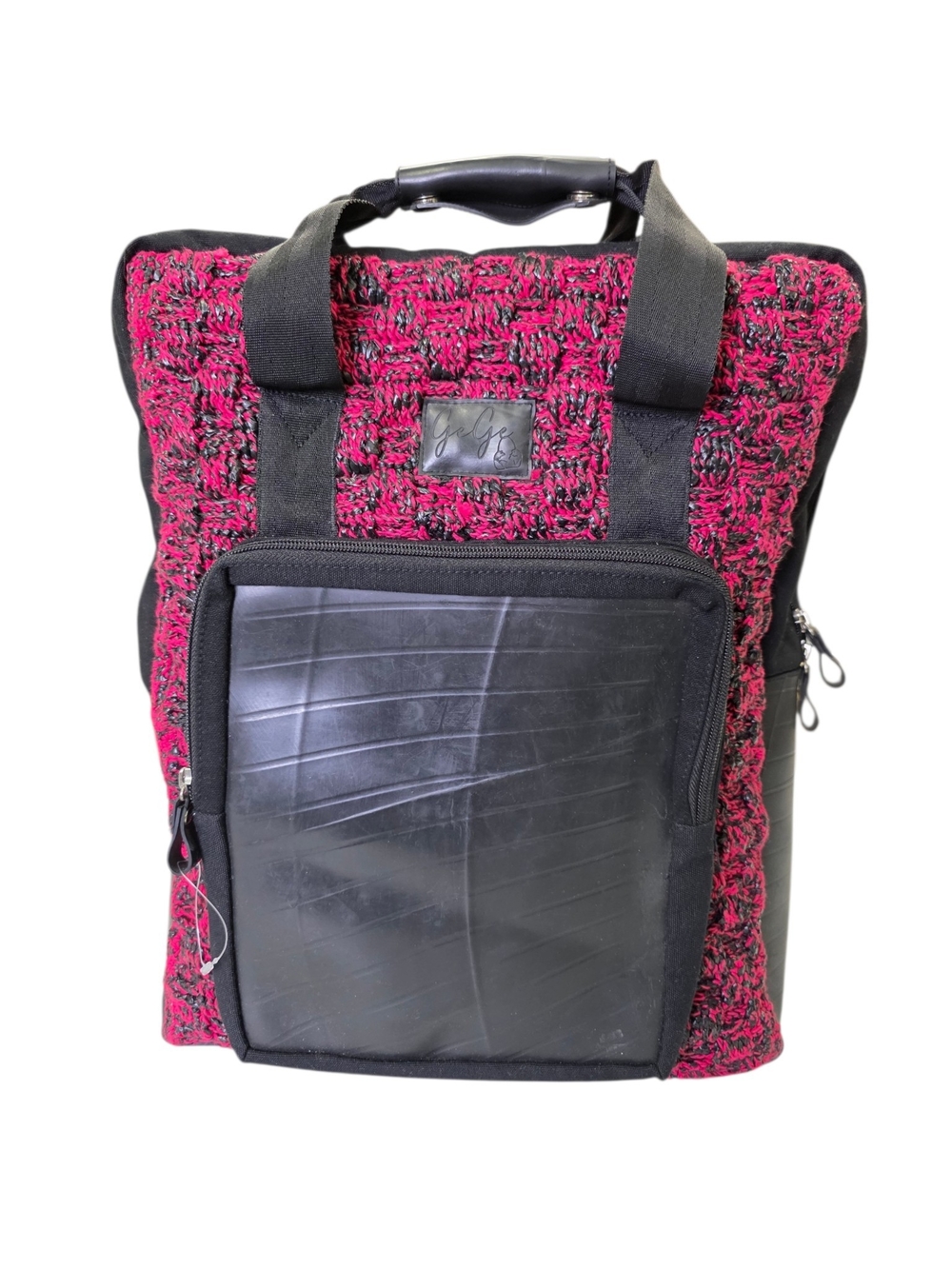 Indonesian Hand Crafted Pink Recycled Plastics  Backpack Black Front Pocket